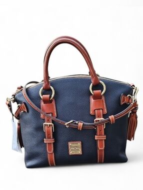 Dooney & Bourke Black Pebbled Leather Satchel with Brown Trim